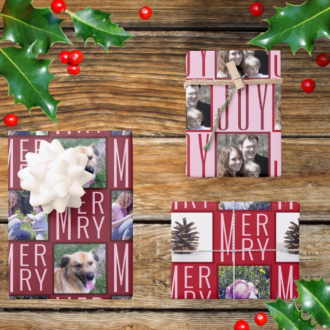 Typography Square Photos Chic Burgundy Red Wrapping Paper Sheet (Creator Uploaded)