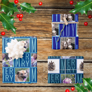 Typography Square Photos Chic Navy Dark Blue Wrapping Paper Sheet