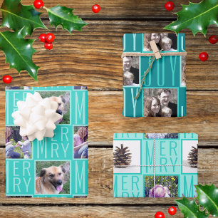 Typography Square Photos Turquoise Cute Retro Wrapping Paper Sheet