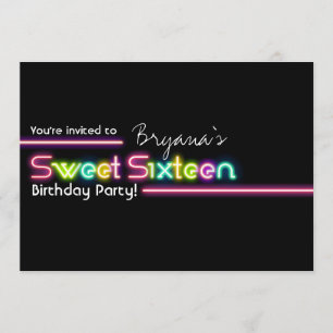 Typography SWEET 16 Neon Glow Dance Party Invite