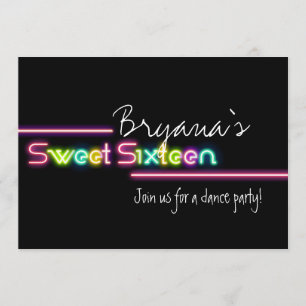 Typography Sweet 16 Neon Glow Dance Party Invite
