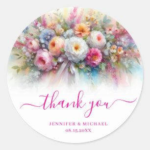 Typography Thank You Watercolor Flowers Art Classic Round Sticker
