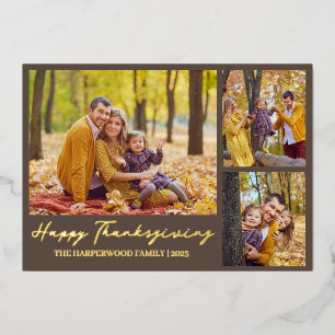 Typography thanksgiving family photo collage foil holiday card