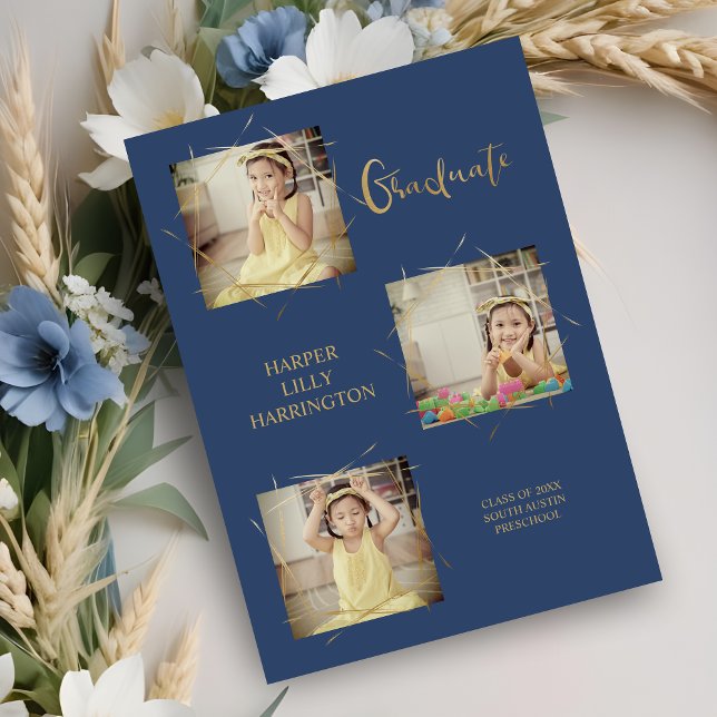 Typography Three Photos Pre-K Grad Announcement (Calligraphy Three Photos Collage Pre-K Graduate Announcement Card in Blue. )