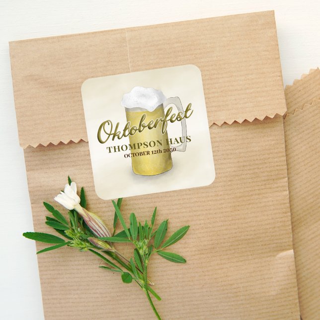 Typography Trendy Script Oktoberfest Beer Square Sticker (Simple creative Oktoberfest custom sticker. )