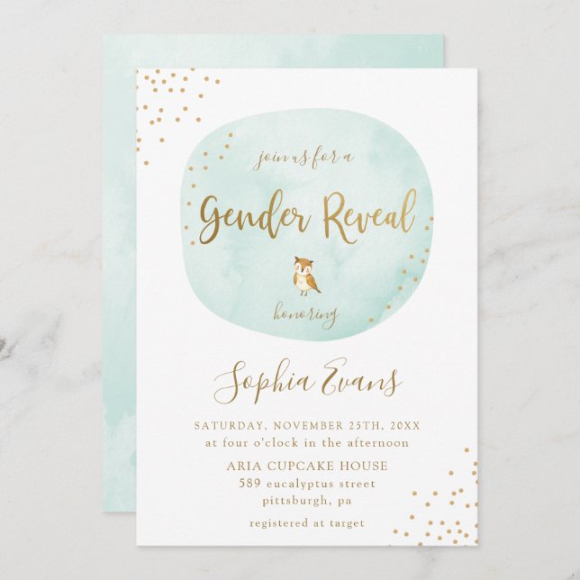 Typography Watercolor Gender Reveal Green Gold Invitation (Front/Back)