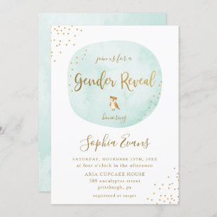 Typography Watercolor Gender Reveal Green Gold Invitation