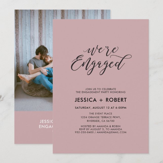 Typography "We're Engaged" Photo Engagement Party Invitation (Front/Back)