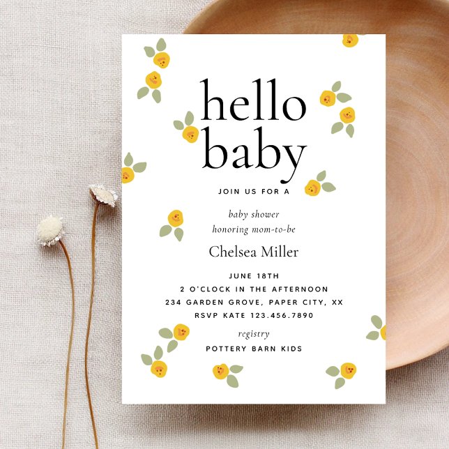 Typography Yellow Floral Hello Baby Shower Invitation (Creator Uploaded)