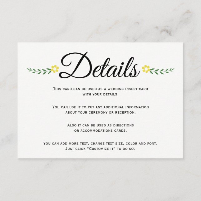 Typography yellow floral wedding details insert (Front)