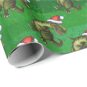 Tyrannosaurus Christmas On Green Wrapping Paper