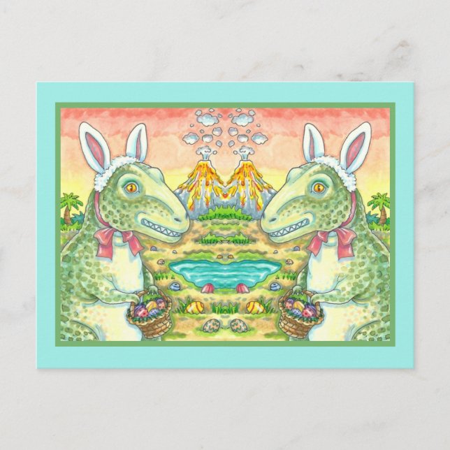 TYRANNOSAURUS,  CUTE T-REX, EASTER BUNNY DINO HOLIDAY POSTCARD (Front)