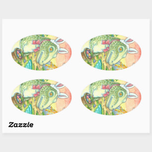 TYRANNOSAURUS, CUTE T-REX, EASTER BUNNY DINO OVAL STICKER