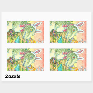 TYRANNOSAURUS, CUTE T-REX, EASTER BUNNY DINO RECTANGULAR STICKER