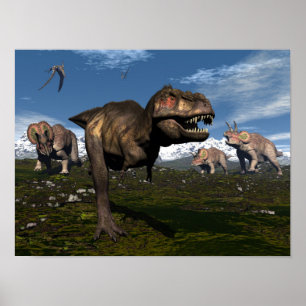 Tyrannosaurus rex attacked by triceratops dinosaur poster