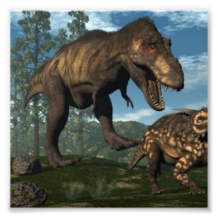 Tyrannosaurus rex attacking einiosaurus dinosaur photo print