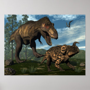 Tyrannosaurus rex attacking einiosaurus dinosaur poster