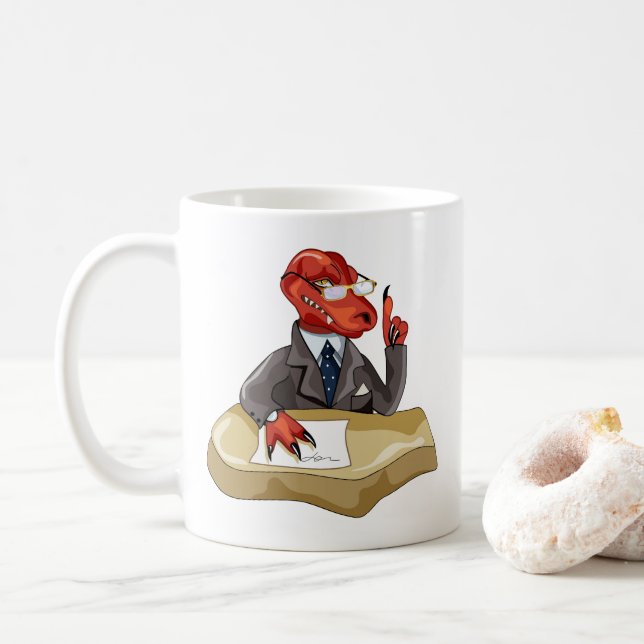 Tyrannosaurus Rex Boss Sitting At A Desk. 2 Coffee Mug (With Donut)