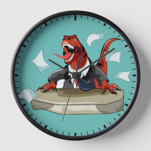 Tyrannosaurus Rex Boss Sitting At A Desk. Clock