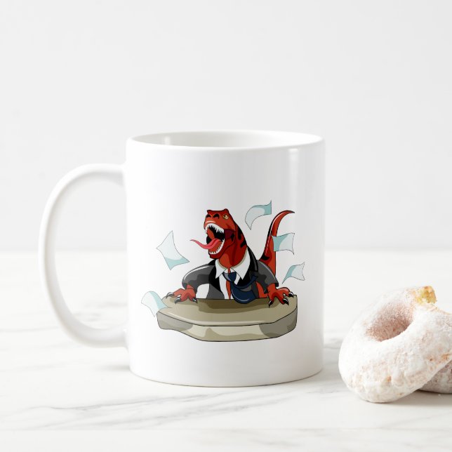 Tyrannosaurus Rex Boss Sitting At A Desk. Coffee Mug (With Donut)