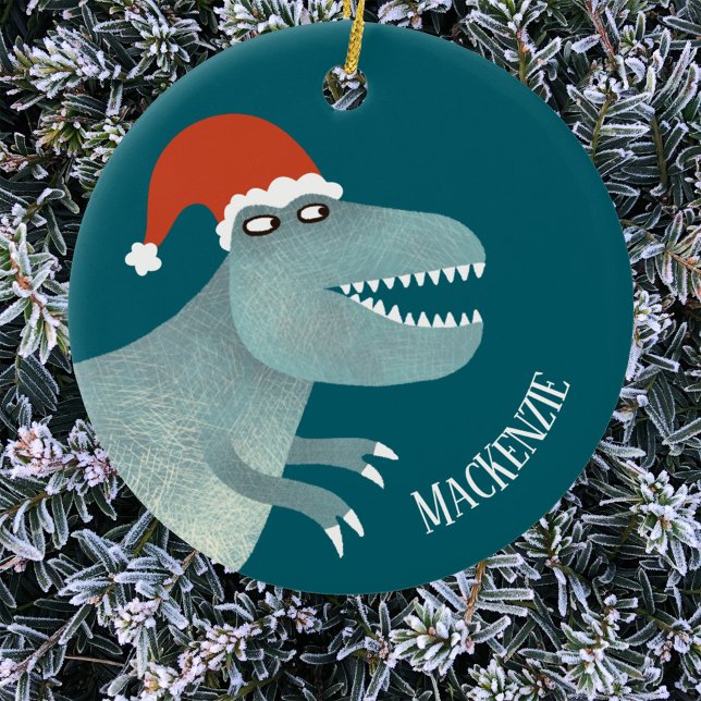 Tyrannosaurus Rex Christmas Santa Hat Personalised Ceramic Ornament (Tyrannosaurus Rex dinosaur in a Christmas Santa Hat personalized custom name ornament)