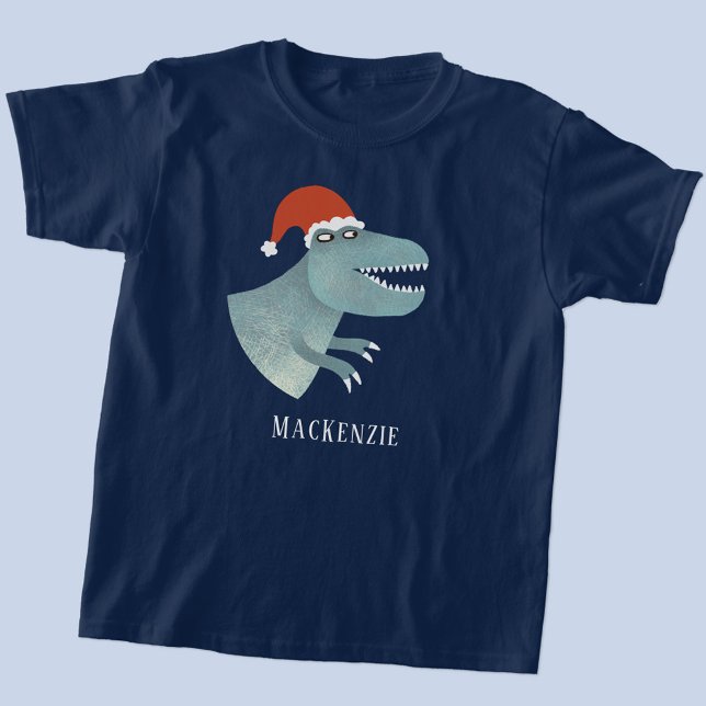 Tyrannosaurus Rex Christmas Santa Hat Personalised T-Shirt (Fun personalized name text Tyrannosaurus Rex in a Christmas Santa hat t-shirt)