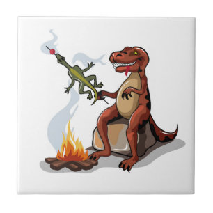 Tyrannosaurus Rex Cooking Food Over A Campfire. Ceramic Tile