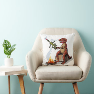 Tyrannosaurus Rex Cooking Food Over A Campfire. Cushion