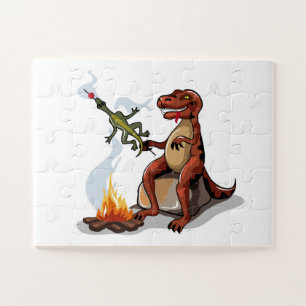 Tyrannosaurus Rex Cooking Food Over A Campfire. Jigsaw Puzzle