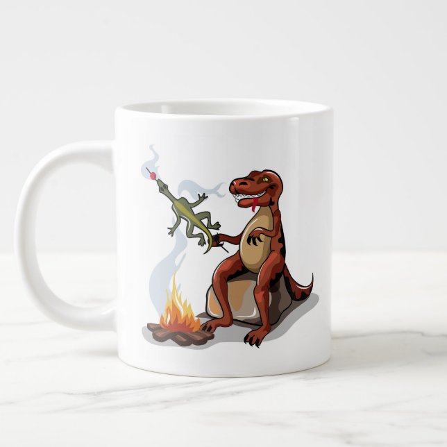 Tyrannosaurus Rex Cooking Food Over A Campfire. Large Coffee Mug (Left)