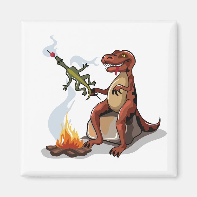 Tyrannosaurus Rex Cooking Food Over A Campfire. Magnet (Front)