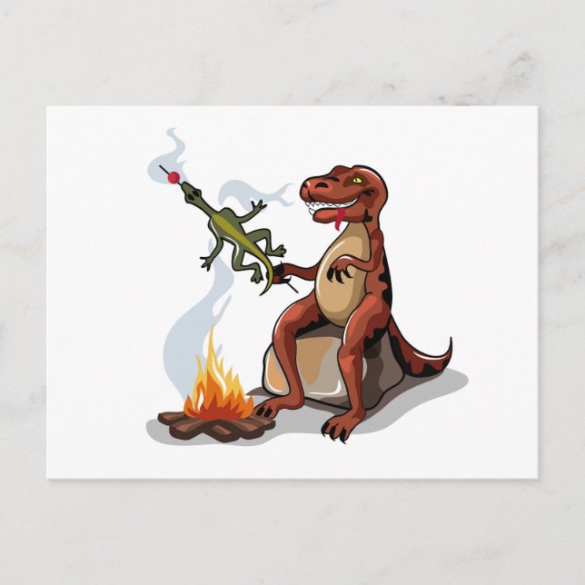 Tyrannosaurus Rex Cooking Food Over A Campfire. Postcard (Front)