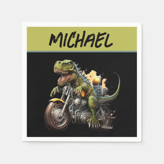 Tyrannosaurus Rex Dinosaur Riding a Motorcycle Napkin (Front)