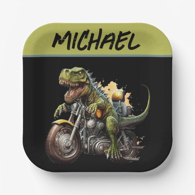 Tyrannosaurus Rex Dinosaur Riding a Motorcycle Paper Plate (Front)