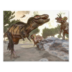 Tyrannosaurus rex escaping from triceratops attack photo print