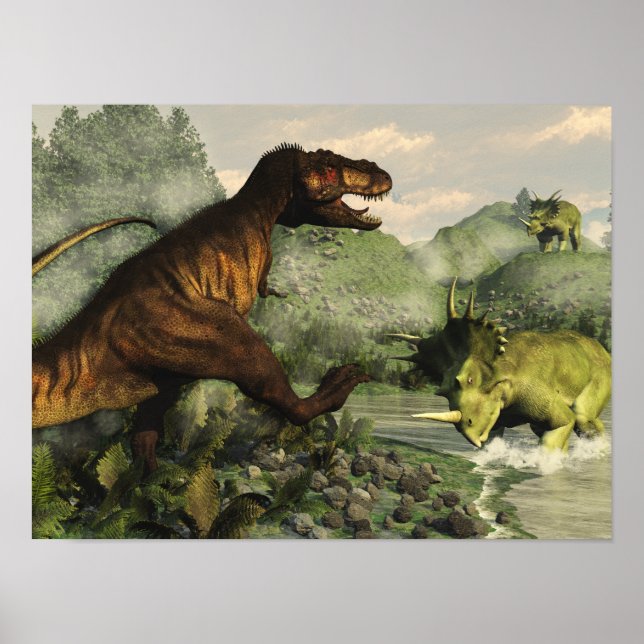 Tyrannosaurus rex fighting against styracosaurus poster (Front)