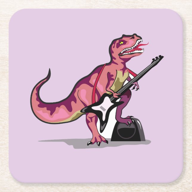 Tyrannosaurus Rex Playing The Guitar. Square Paper Coaster (Front)