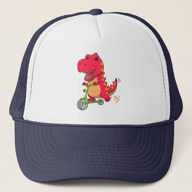Tyrannosaurus rex T-rex Dinosaur Riding A Scooter Trucker Hat (Front)
