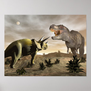 Tyrannosaurus roaring at triceratops - 3D render Poster