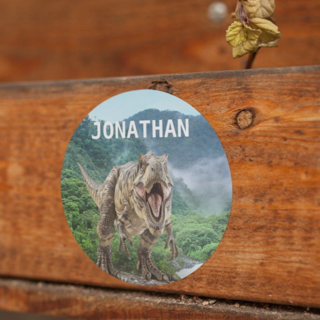 Tyrannosaurus T-rex Dinosaur Monogram name  Classic Round Sticker (Creator Uploaded)