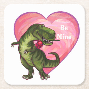 Tyrannosaurus Valentine's Day Square Paper Coaster