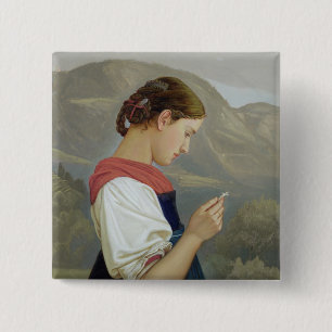 Tyrolean Girl Contemplating a Crucifix, 1865 15 Cm Square Badge