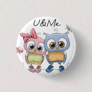 U and Me Twin Owls Pinback Button - Cute Forest Bi