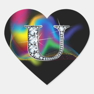 "U" Diamond Bling on Rainbow Swirl Heart Sticker