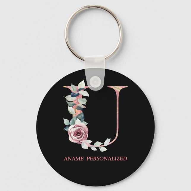 U Floral Monogram Name Letters Pink Agate Keychain (Front)