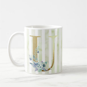 U golden initial blue and white stripes coffee mug