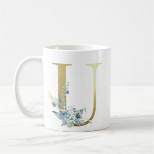 U golden initial with blue floral foliage coffee mug