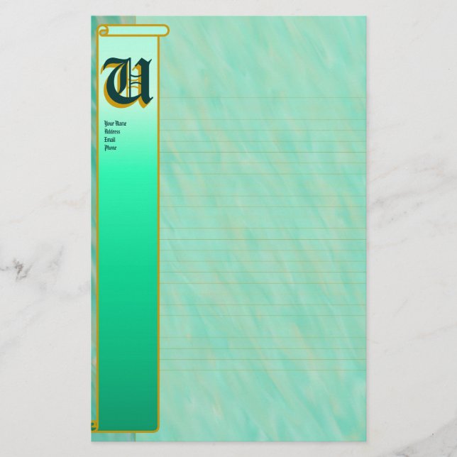 U Initial "Teal Wind" Initial Fine Lined Stationery (Front)