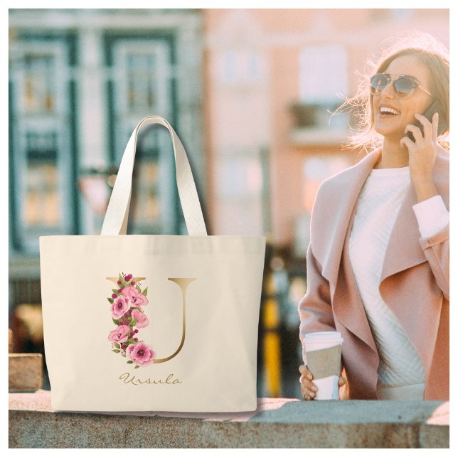 U Letter Gold Monogram Pink Magenta Floral Large Tote Bag (Creator Uploaded)