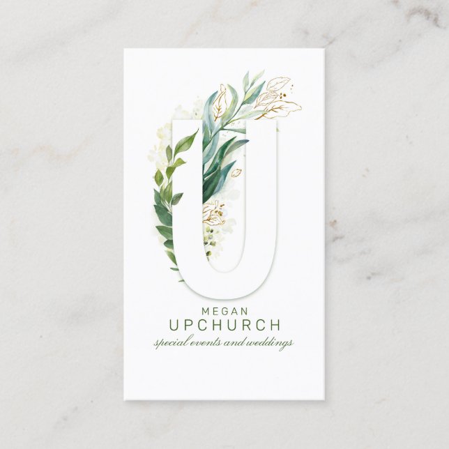 U Letter Monogram Gold Greenery Leaves Elegant Business Card (Front)